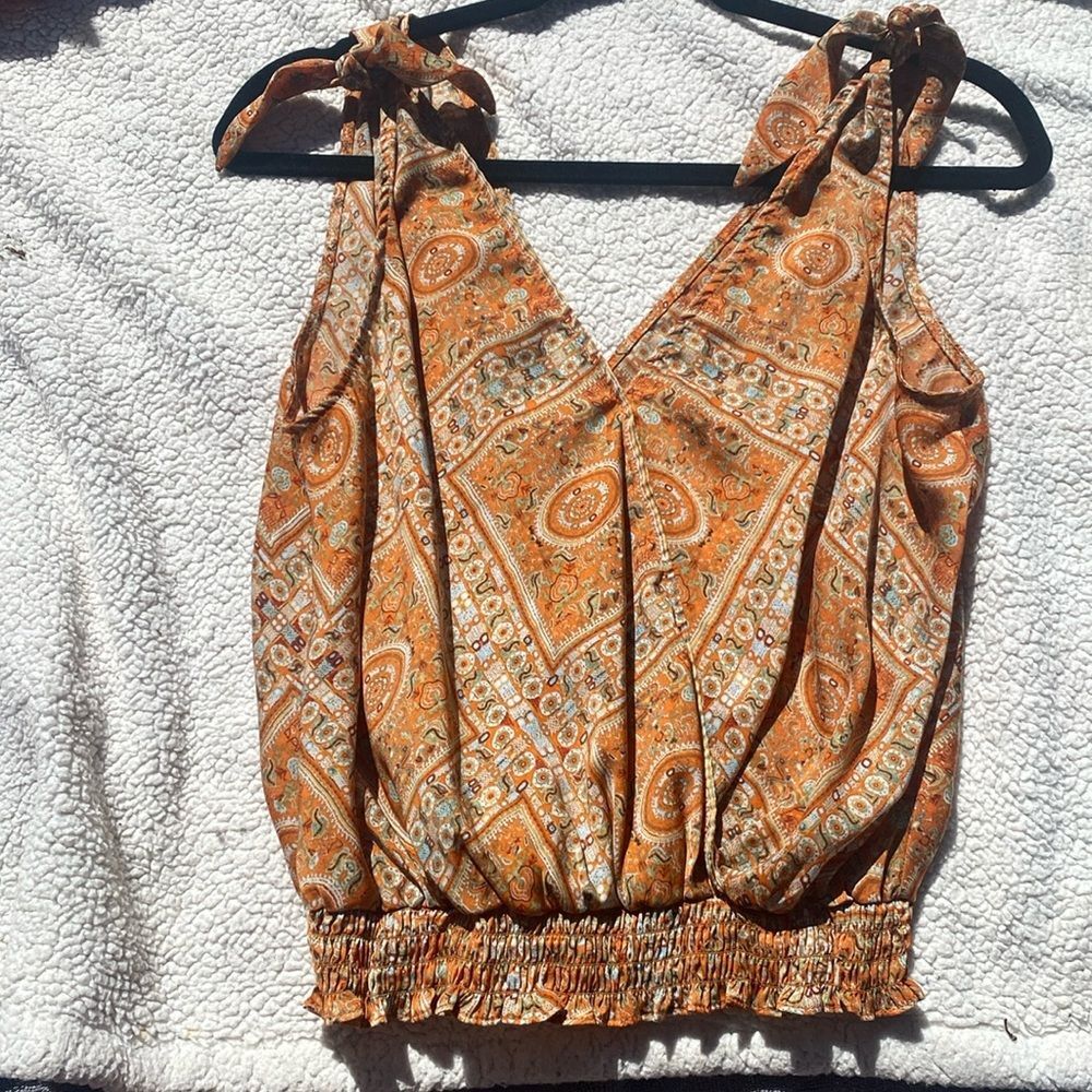 Silk Like Orange Boho Paisely Tank Top Faux Tie Straps Small